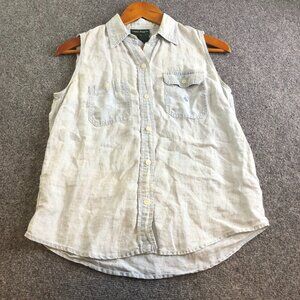 Lauren Ralph Lauren Tank Top Womens Small Blue 100% Linen Button Sleeveless Y2K